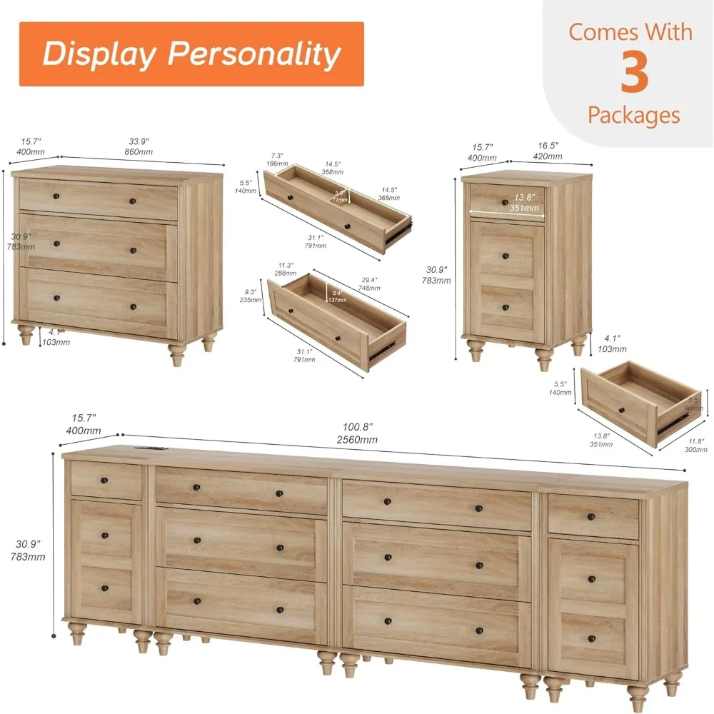 Dresser for Bedroom with 8 Drawers and 2 Storages, Nightstands with Charging Station for Living Room, Oak Kids Dressers