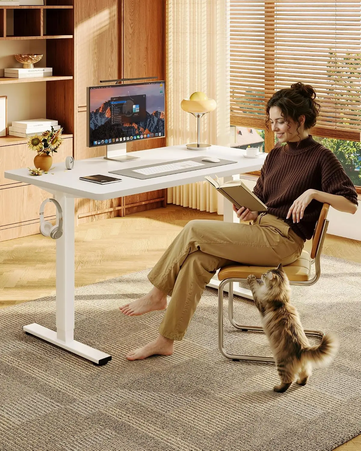 Standing Desk 48 Inch 24 Inch One Piece White Home Office 176 LBS Capacity Seamless Desktop 4 Memory Presets Dual Monitor Setup