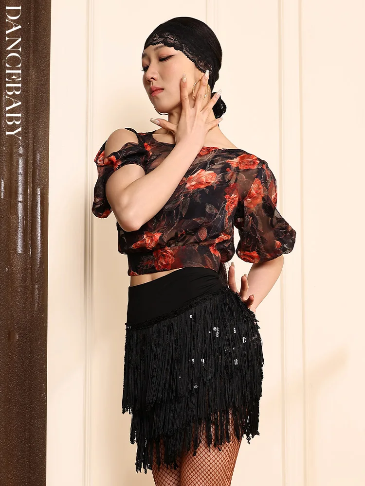 댄스베이비2025 신상 라틴댄스 표준댄스 의상 성인용 특수 상의 통기성 있는 등 부분 디자인 여름용 얇은