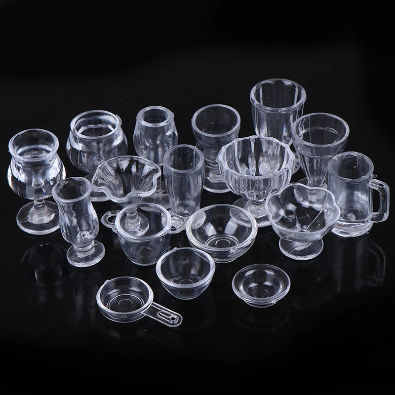 17Pcs/Set Mini Transparent Kitchenware Toy Drink Cups Dish Plate Tableware Miniatures DIY Pretend Play