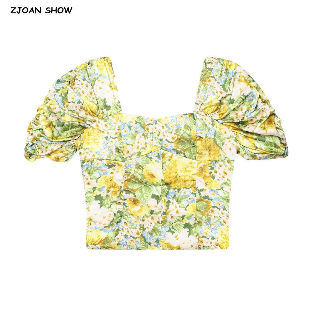 

Summer French Style Retro Yellow Floral Print Ruched Short Puff Sleeve Shirt Women V neck Side Zipper Slim Waist Crop Tops Pink