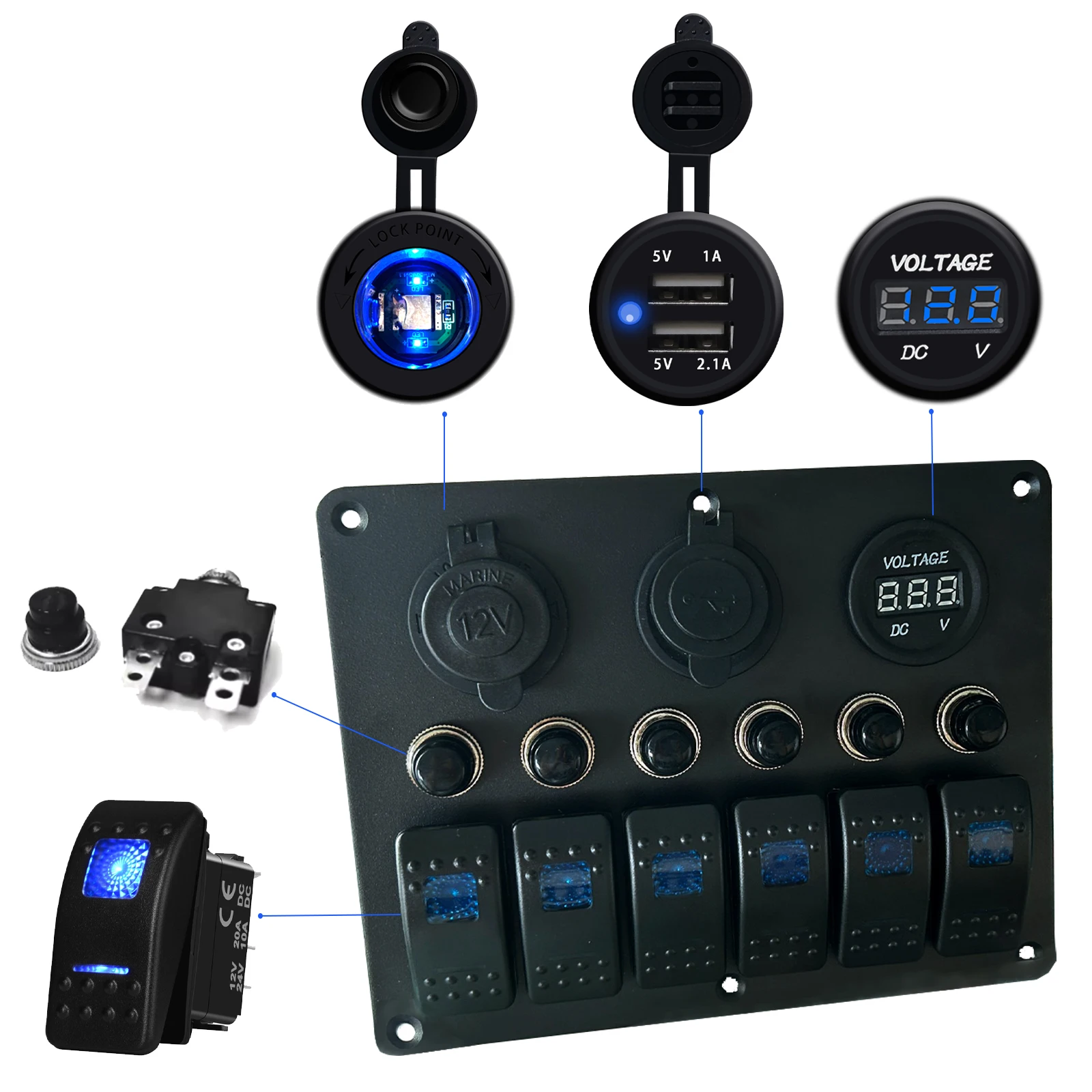 

12 В-24 В 6Gang водонепроницаемый морской лодка кулисный переключатель панель цифровой вольтметр двойной USB прикуриватель светодиодный автоматический выключатель