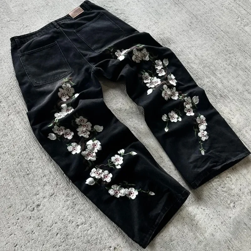 

Men Women High Street Loose Straight Leg Pants Y2K Harajuku Retro Jeans Artistic Cherry Blossom Embroidery Pattern Denim Pants
