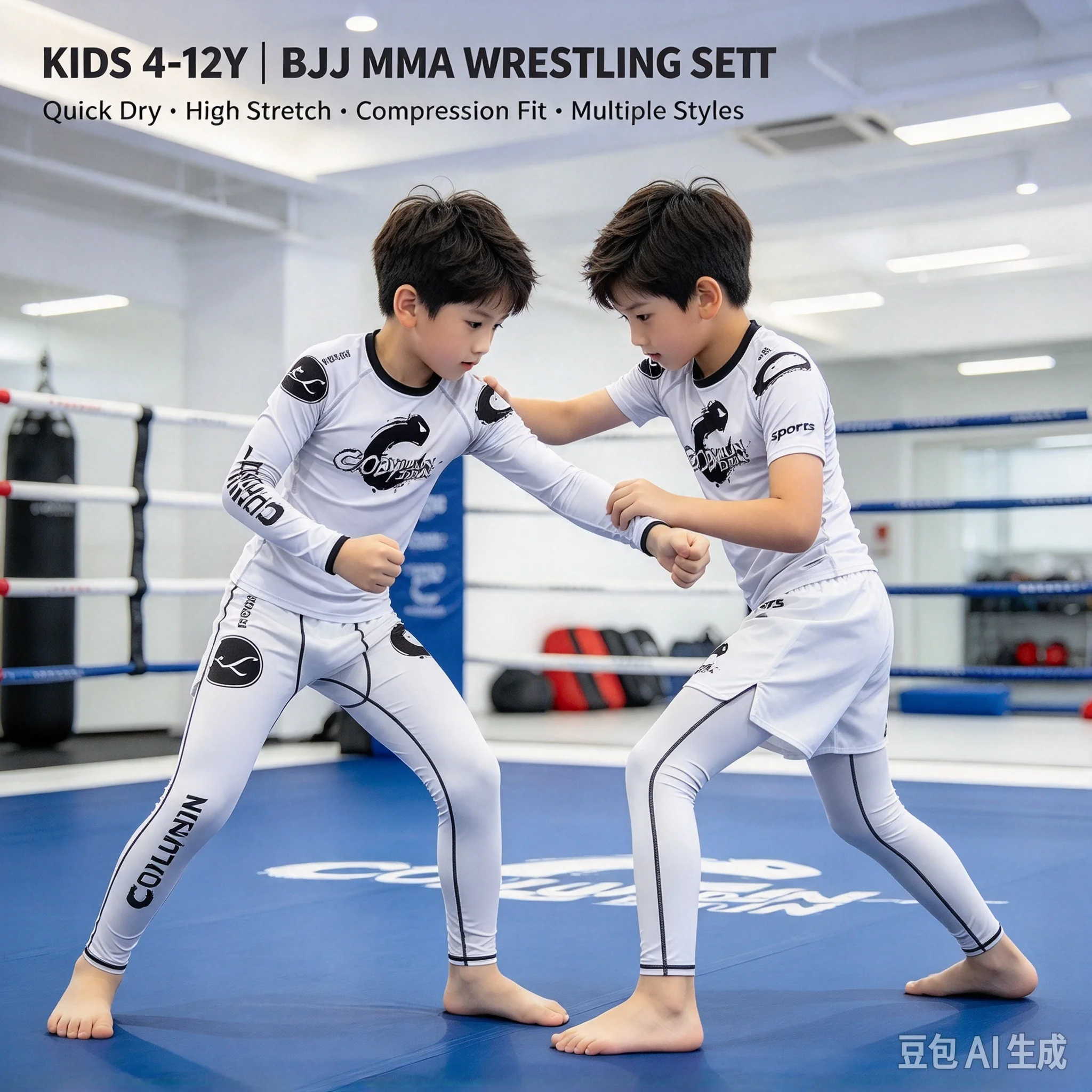White 4-12Y Kids BJJ Rashguard Set CODYLUNDIN Boys MMA Wrestling Compression Short Long Sleeve Shorts Pants Grappling Sportswear