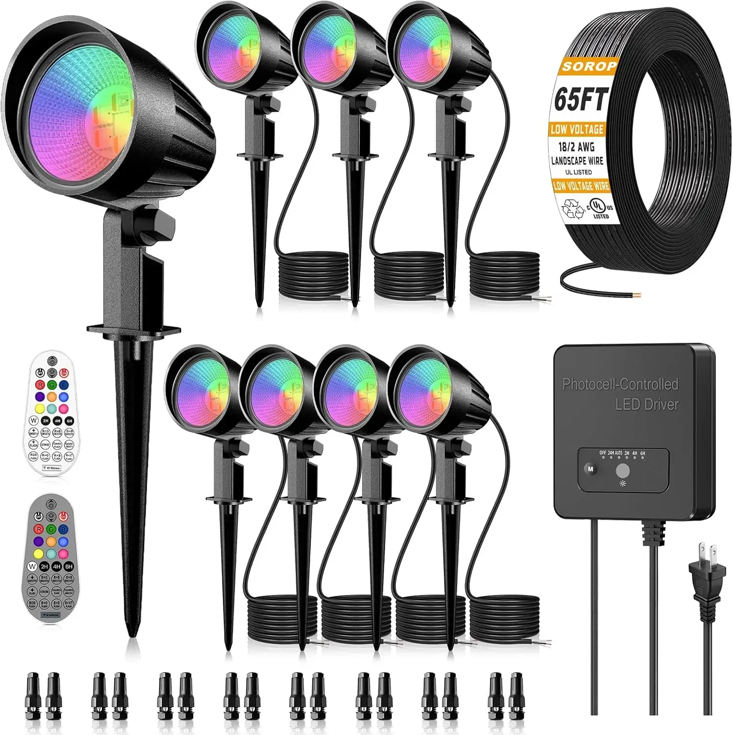 RGBW Low Voltage Landscape Lighting, Color Changing with Remote 8Pack | Landscape Lights Kit with Transformer, 65FT UL-listed Wi