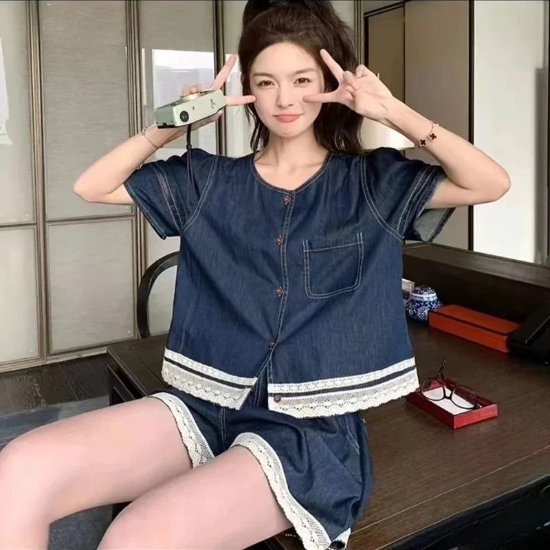 

Denim Loose Female Shorts Straight Shirts & Blouses Tailoring Classic New in Matching Cheap Offers Women's Short Sets 2 Pieces