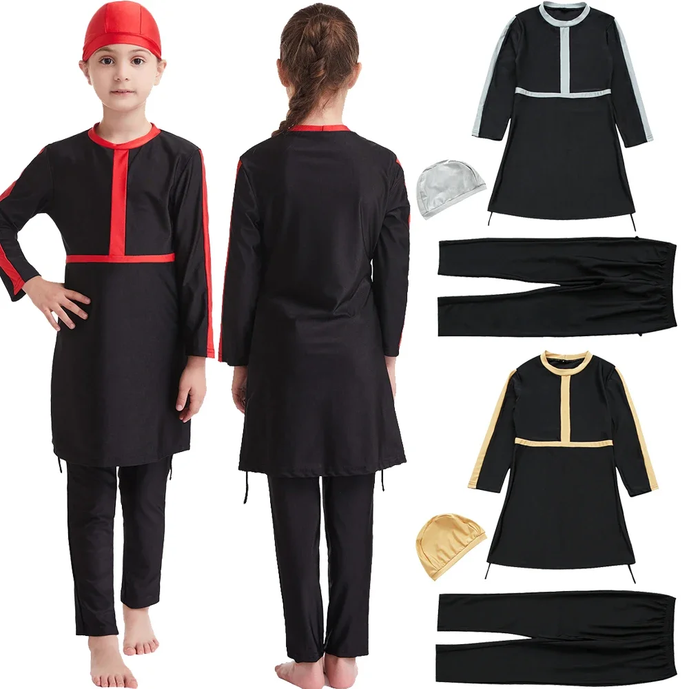 

Мусульманский детский купальник для девочек, комплект из 3 предметов: буркини, исламский хиджаб, топ, брюки, арабский купальный костюм, консервативный купальник для плавания