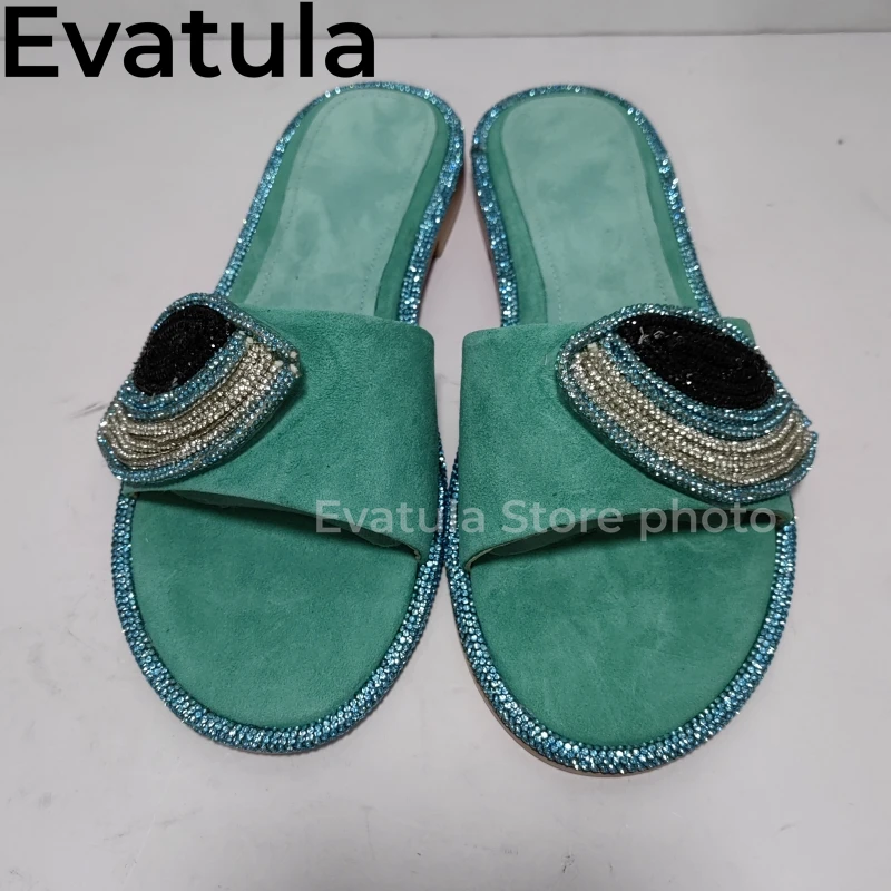 2024 Summer Shining Crystal Eyes Kid Suede Flat Slippers Women Open Toe Slip On Mules Outwear Casual Beach Slides Shoes Ladies