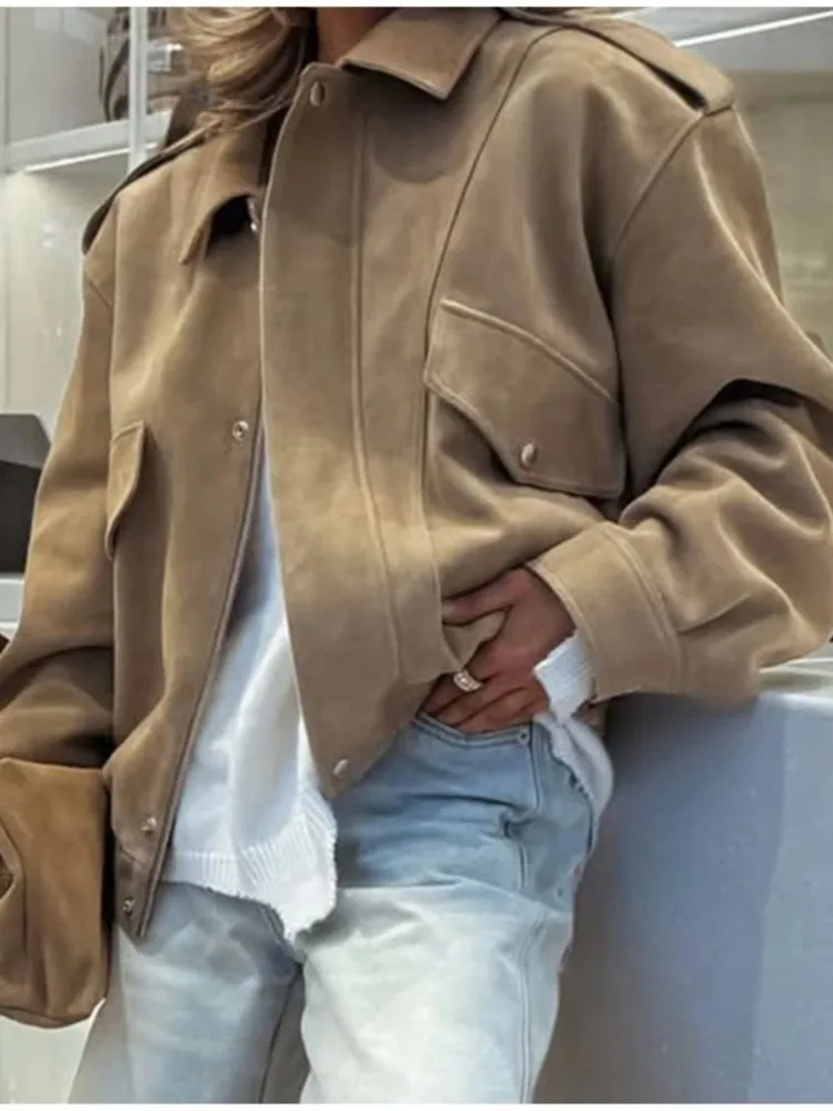 

Замшевая куртка в стиле ретро, женская повседневная свободная куртка с воротником-стойкой и карманами на молнии, женское пальто с длинными рукавами, новинка 2023 года, осенняя элегантная верхняя одежда