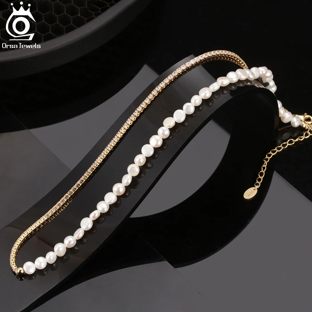 

ORSA JEWELS 5mm Freshwater Pearl Beaded Tennis Chain Necklace 14K Gold 925 Sterling Silver Pearls Round Shaped Collares GPN27