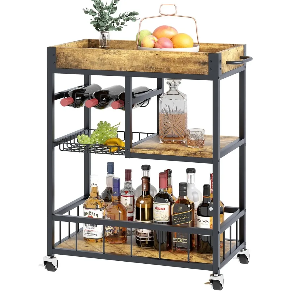 Carrinho de bar com cesta de 3 camadas para casa, rack de vinho com rodas, cozinha móvel, estilo vintage industrial, madeira