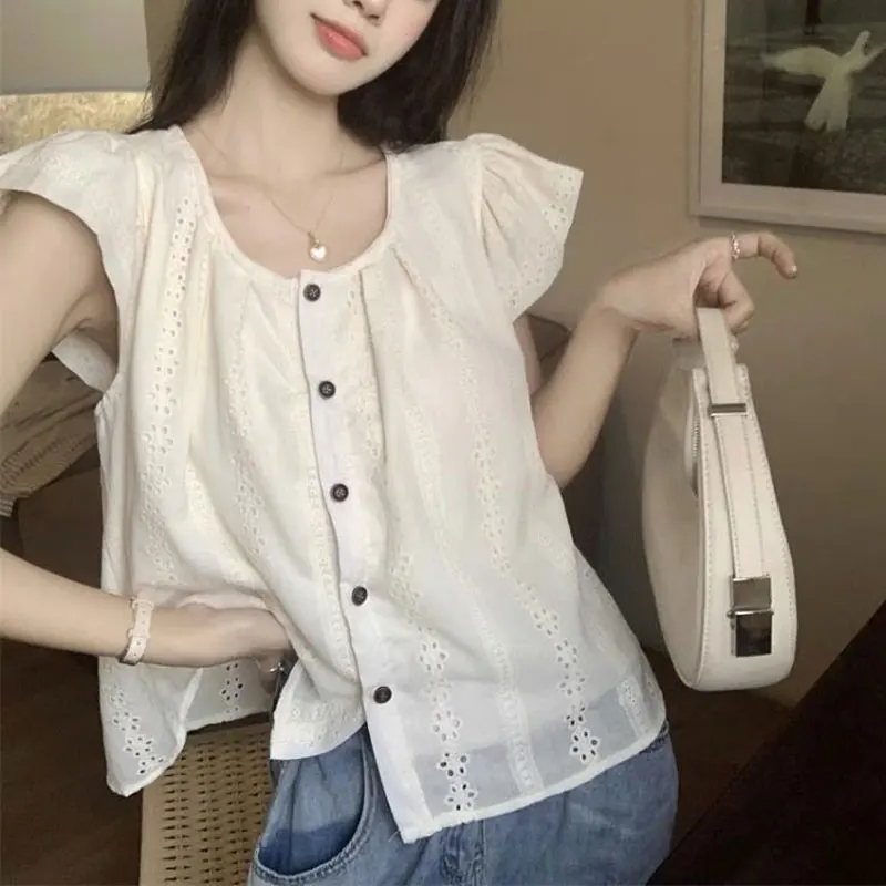 Vintage Lace Hollow Out Shirt Summer New Stylish Flying Sleeve Female Clothing Commute Single-breasted Solid Color Casual Blouse