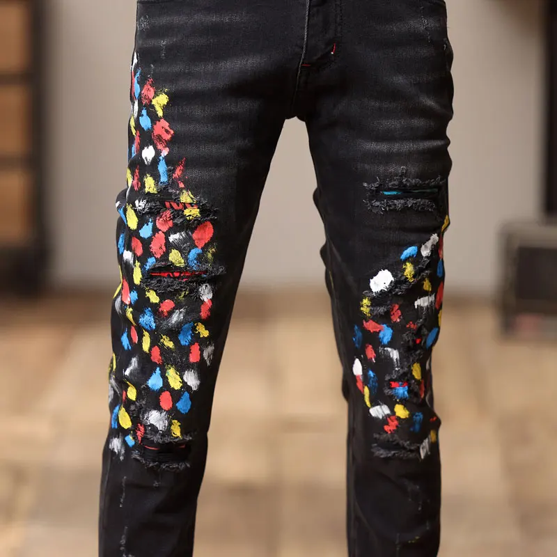Street Fashion Men Jeans Retro Black Gray Stretch Skinny Fit Ripped Jeans Men Painted Designer Hip Hop Denim Pencil Pants Hombre