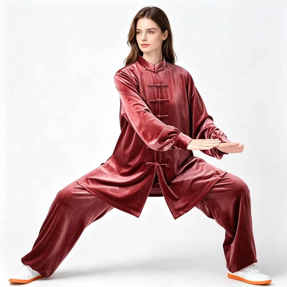 CLYFAN Autumn Winter Warm Korean Velvet Tai Chi Clothing Set Mandarin Collar Kung Fu Wushu Uniform For Men Women