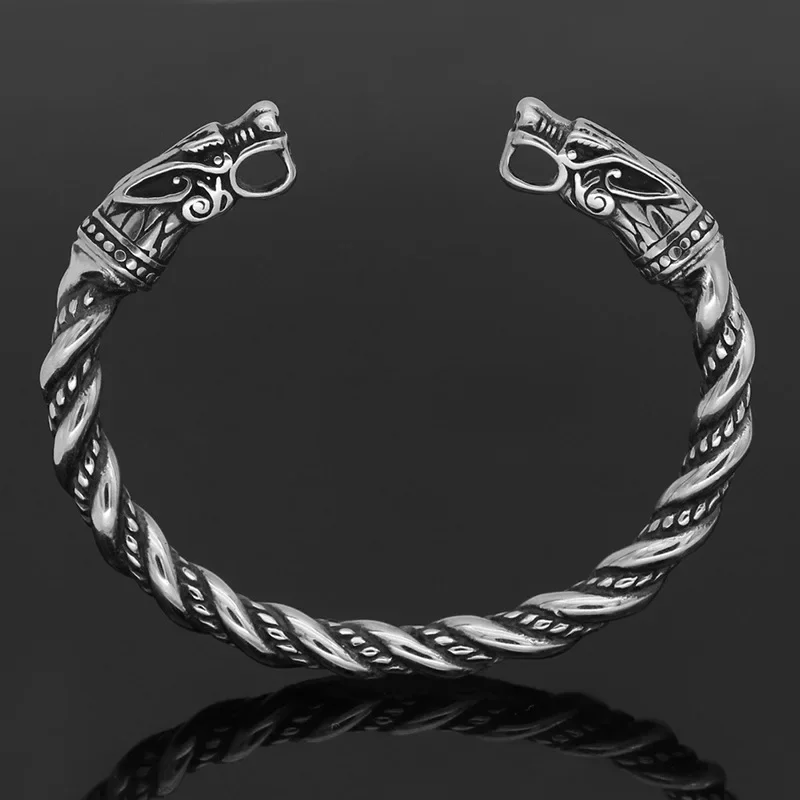 Pulseras Retro para hombre, joyería vikinga con doble cabeza de lobo, pulsera con apertura, brazalete ajustable, joyería de moda para motociclista