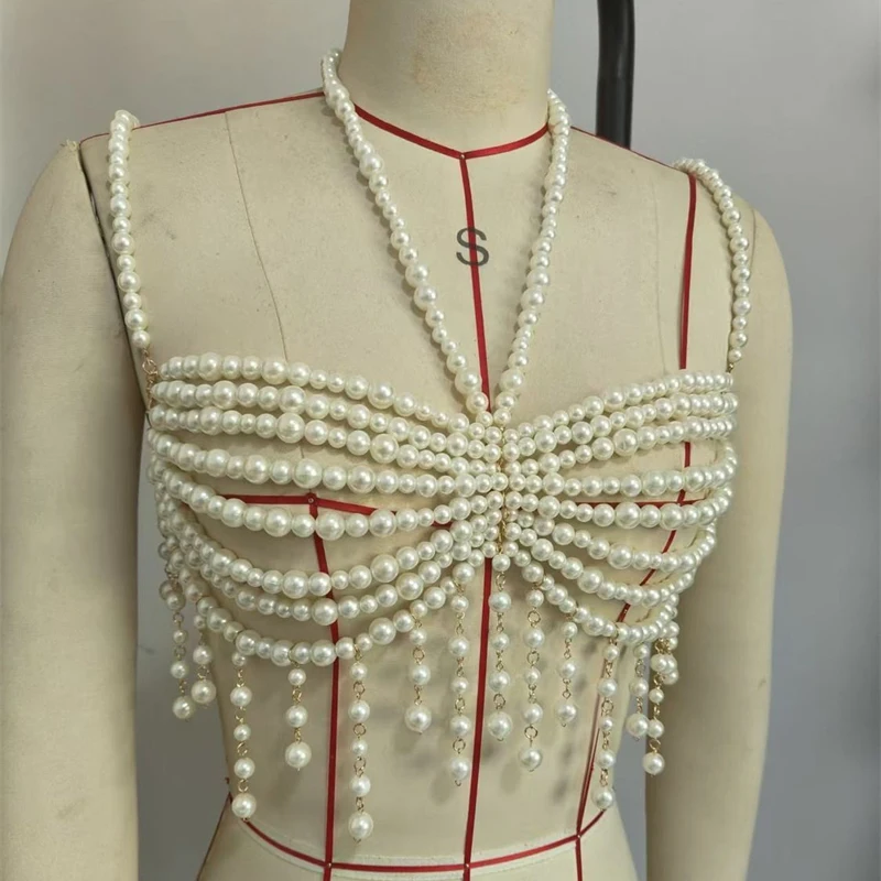 Handgefertigtes Perlen-Körperketten-Top für Damen, sexy Perlen-Halter-Top, Strand-Nachtclub-Party-Schmuck-Accessoire, Tops & T-Shirts – Detail 7