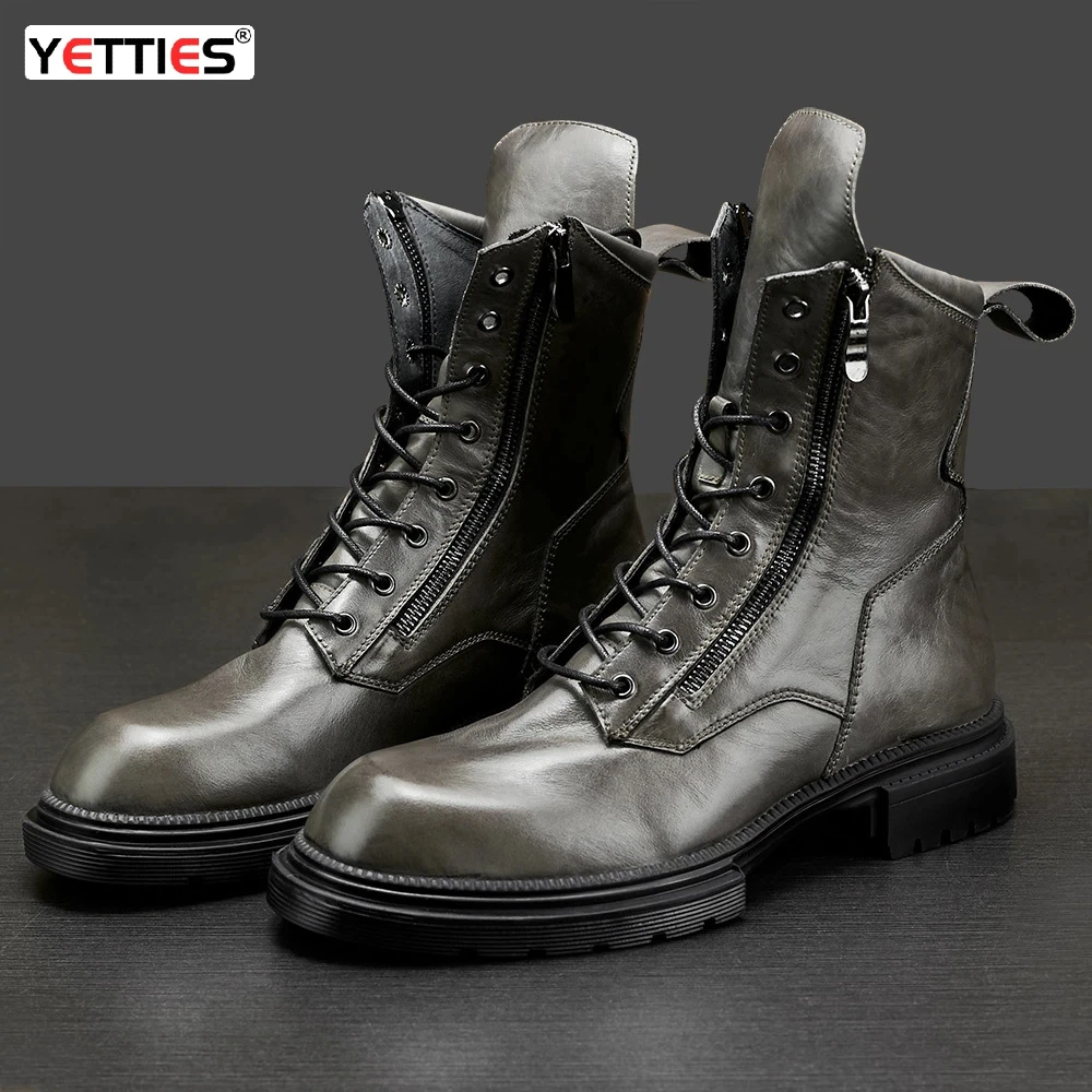 

YETTIES Men's Genuine Leather High Top Boots, Double Zipper Fur Lined Combat Style Boots, Warm Platform Round Toe Winter Boots