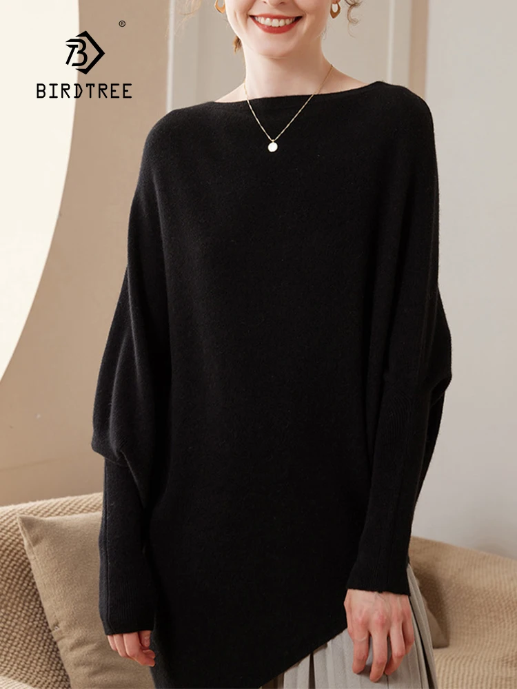 Birdtree, 35% Cashmere And 65% Wool Sweater, Women's One Neck Simple Bat Sleeve Loose Fit, 2024 Autumn/winter New Top T48016KE