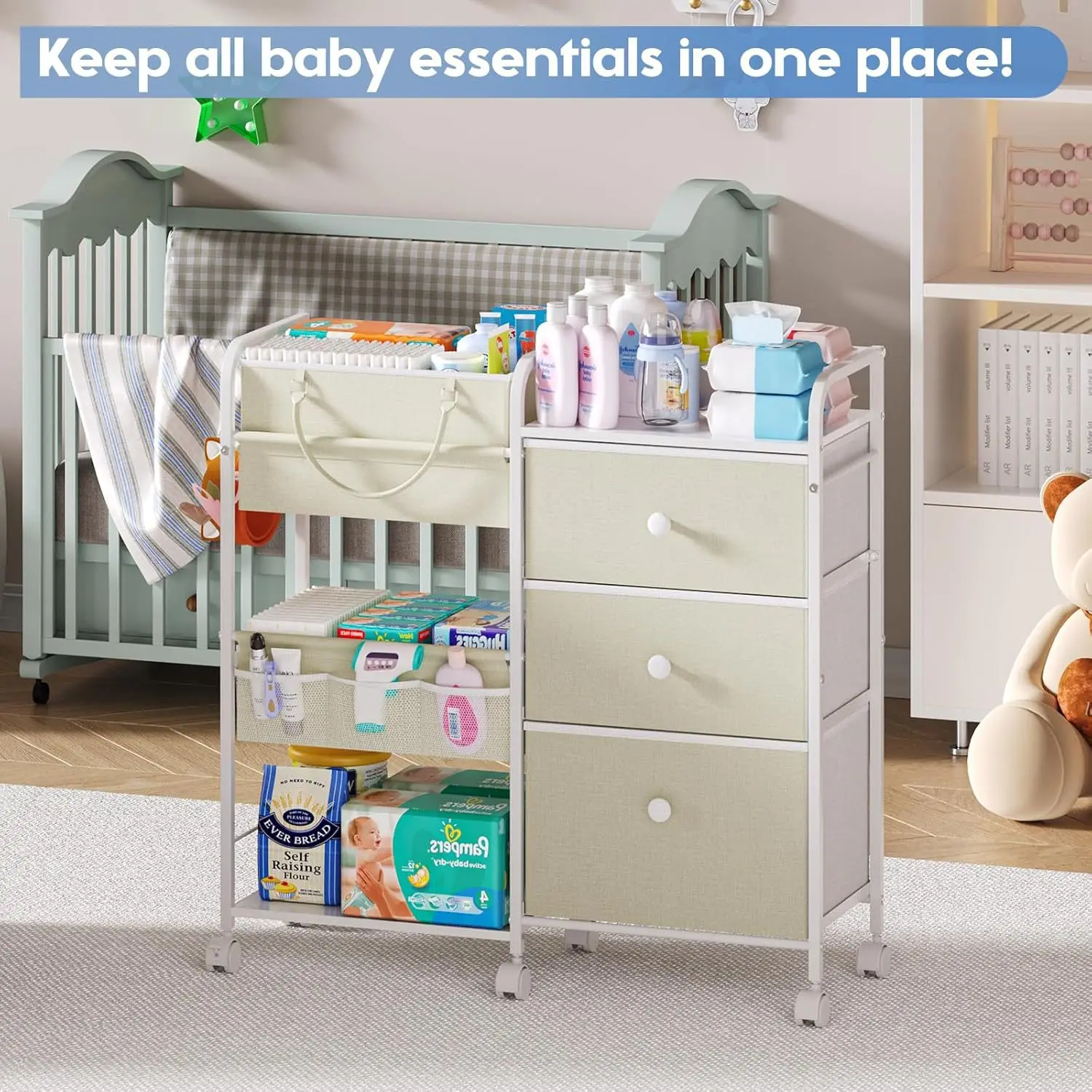 Movable Storage Cart With Storage Boxes Minimalist Rolling Organizer Trolley Versatile Utility Cart For Baby Diaper Storage