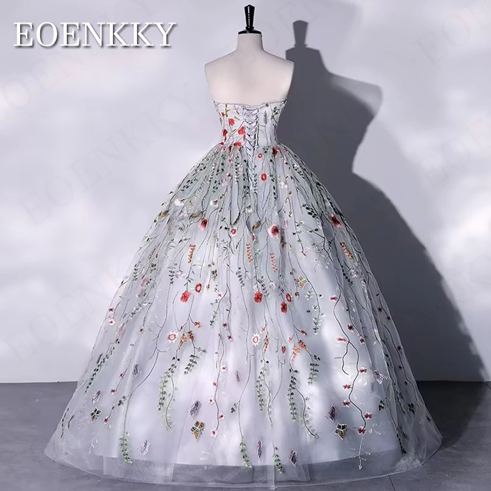 Ball Gown Strapless Prom Dress robes de soirée Embroidered Flower Tulle Birthday Occasion Dresses Luxury Boat Neck Backless Gray