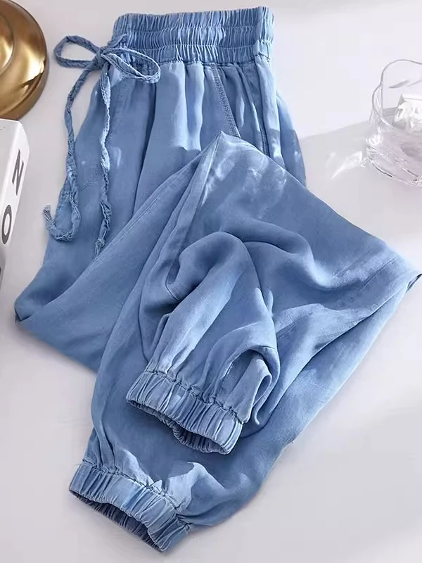 

Очень большие джинсы из ледяного шелка в американском стиле 300 Pou, свободные легкие летние брюки для мужчин и женщин, брюки с манжетами Ant...