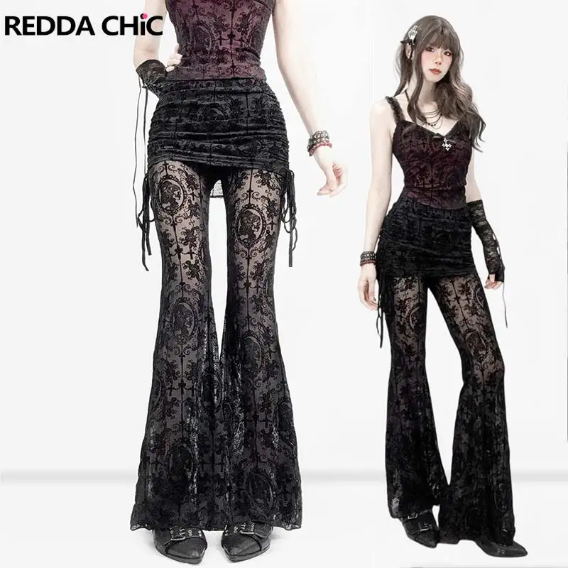 REDDACHiC Women Flocked Cross Flared Pants Grunge Skull Portrait Ruched Elastic Waist Bodycon Skorts Gothic Alternative Clothes