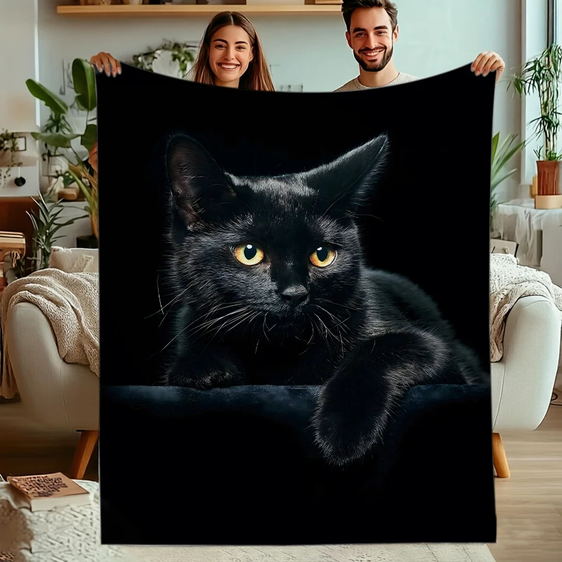 Pet Theme Throw Blanket  Realistic Black Cat Portrait Bright Golden Eyes Graphic Cute Feline Animal Art Design Blanket