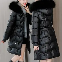 Women Winter Cotton Coat Thickened Padded Faux Fur Hood Outerwear Slim Fit Mid Length Hooded Zipper Closure Pockets Down Coat