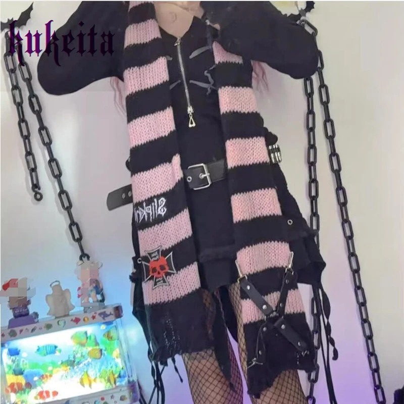 Kukeita Harajuku Gothic Skull Letter Striped Knitted Scarf Y2K Punk Cross Leather Buckle Chic Warm Long Scarf Unisex Streetwear