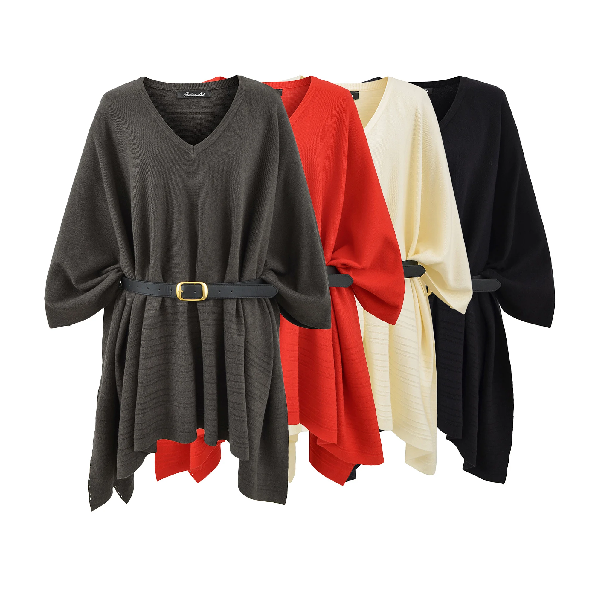 4 ألوان 2025 الخريف الخامس الرقبة بلوفر مغزول غير النظامية سترة عباءة مع حزام المرأة كامل الخفافيش كم كيب فضفاض المتضخم البلوز