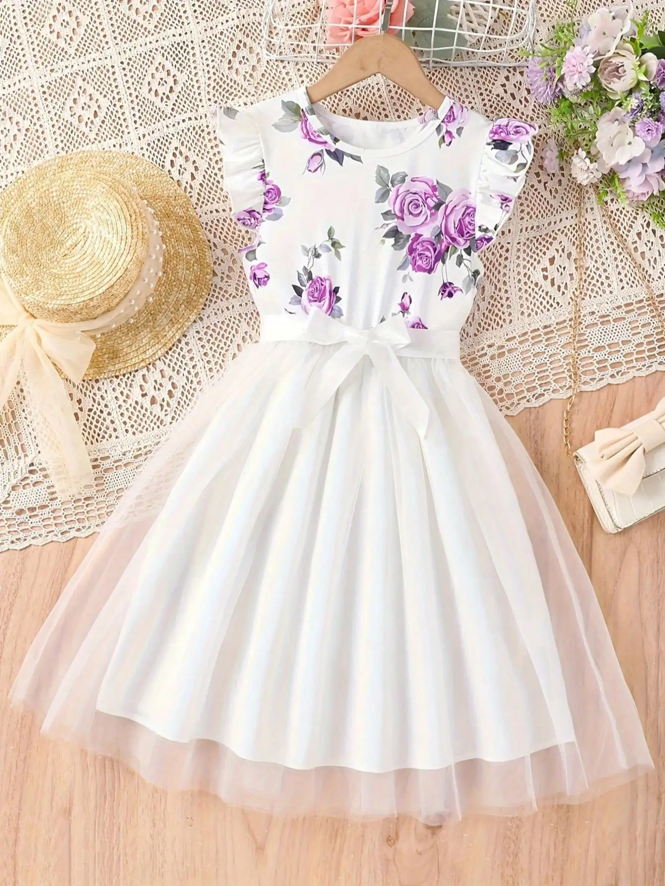 2026 Summer New Collection, Children's and Women's Clothing, Small Flying Sleeve Printed Round Neck Cute Plush Dress image 3