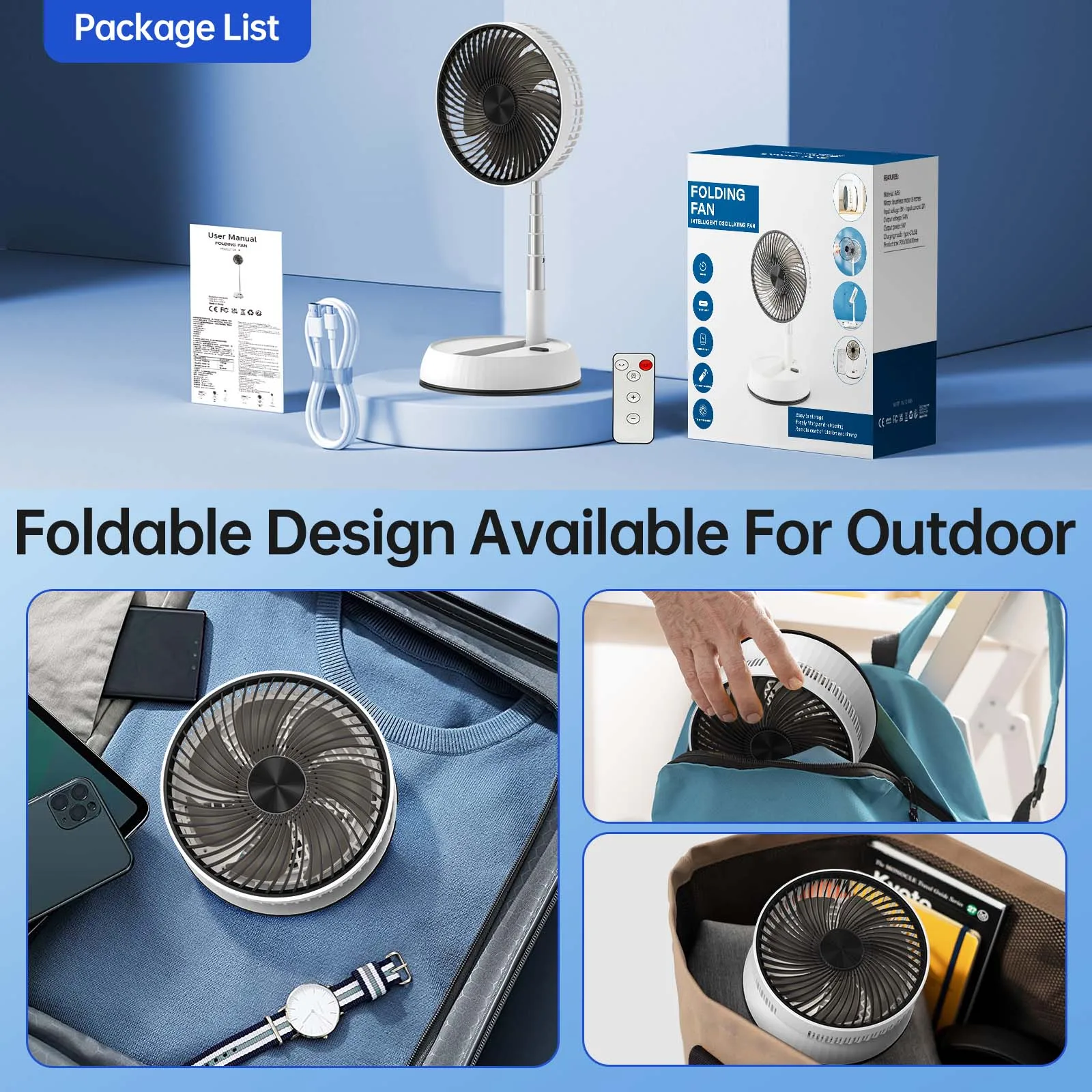 リモコン付き屋外折りたたみ式伸縮アルミ合金ファン、タイマー付き首振り機能付き家庭用オフィスファン、静音卓上/フロアファン、7200mAhファン
