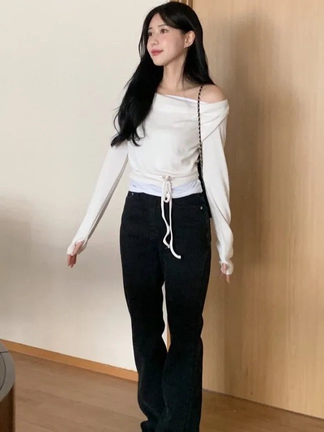 

Chic Spring Anti-Aging One-oulder Ne Hanging Sa Slimming Long Sve T-irt Women's Commute Sle Pure Color Dstring