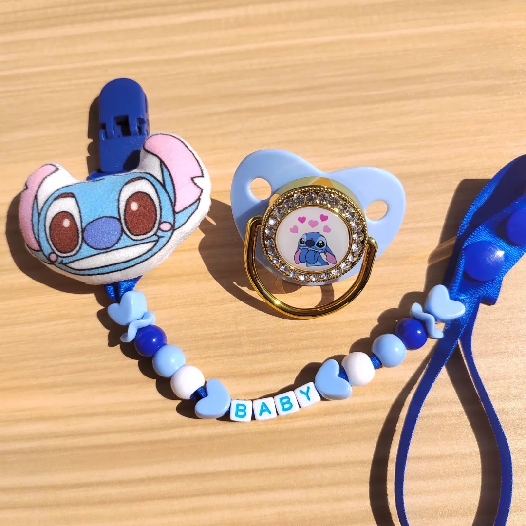 Stitch Cartoon Deluxe Baby Pacifier with Chain Clip Baby Bisphenol Free a Bling Pacifier Chupeta Liquid silicone pacifier0-24M