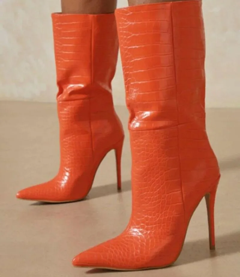 

Orange Snakeskin Leather Mid Calf Boots Pointed Toe Stiletto Heel Short Booties Slip-on Python Ridding Boots Women