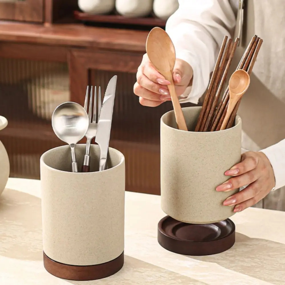 Rough Pottery Draining Chopstick Holder with Drip Tray Cylindrical Cutlery Drain Rack Rustic Style Well-ventilated