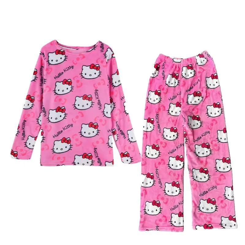 Cartoon Sanrio Hello Kitty Autumn And Winter Flannel Thickened Velvet Cartoon Print Set Winter Wearable Home Clothing Set