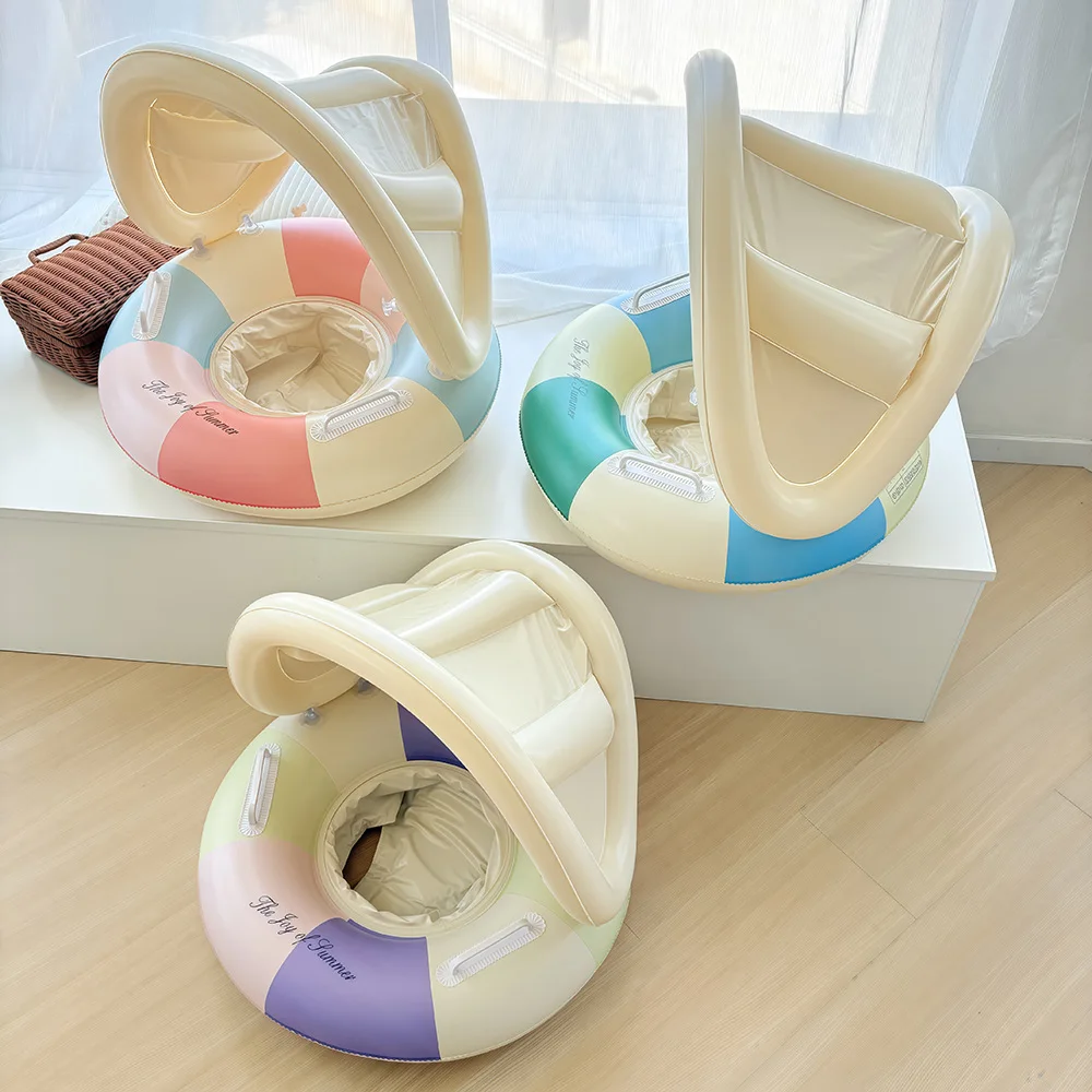 2026 Summer Beach Party Kids Swimming Ring Removable Sunshade Color Block Infant Baby Seat Float INS Viral Water Sitting Ring