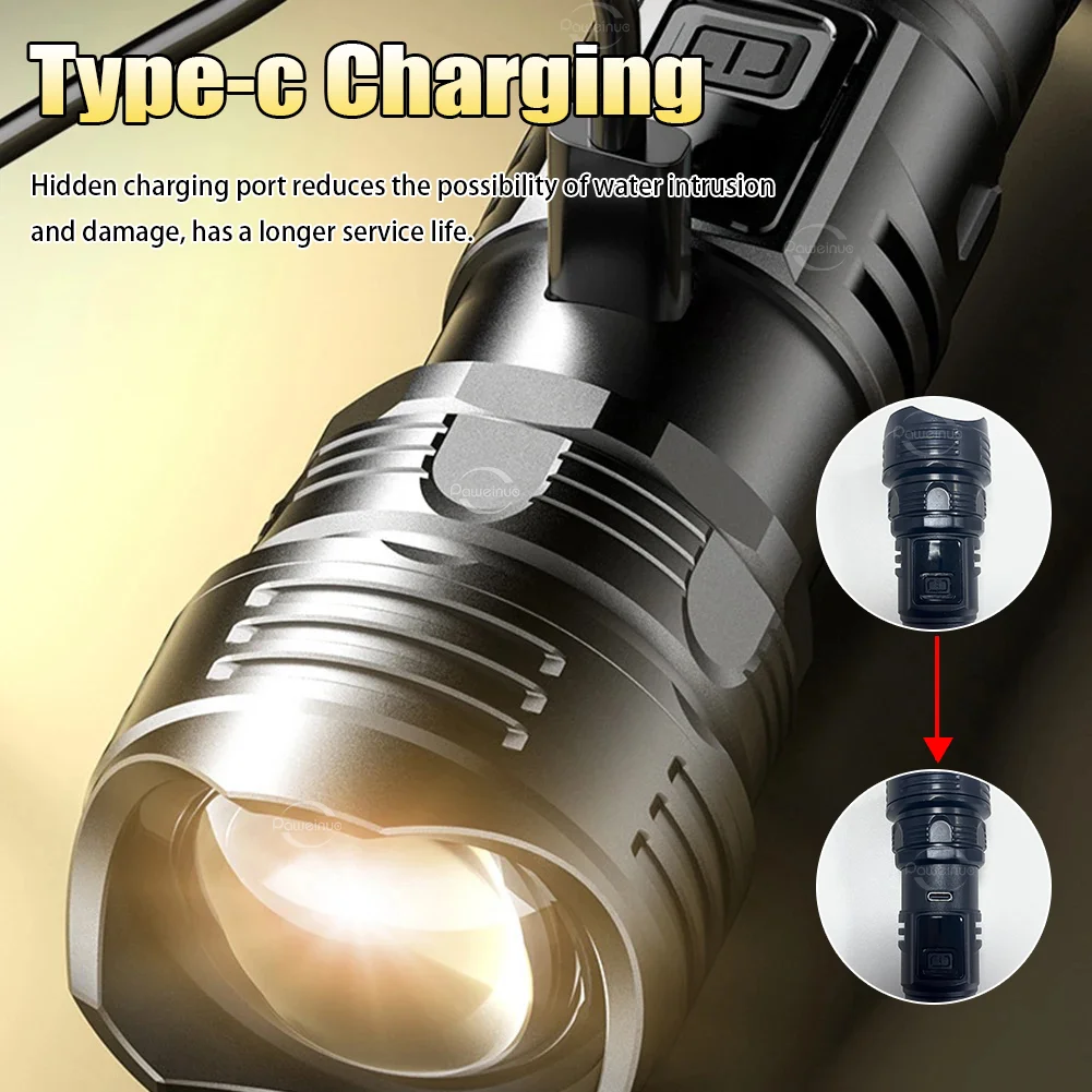 Powerful LED Flashlight Ultra Bright Tactical Light Emergency Spotlight Long Range Zoom Torch Fishing Lamp With Built-in Battery