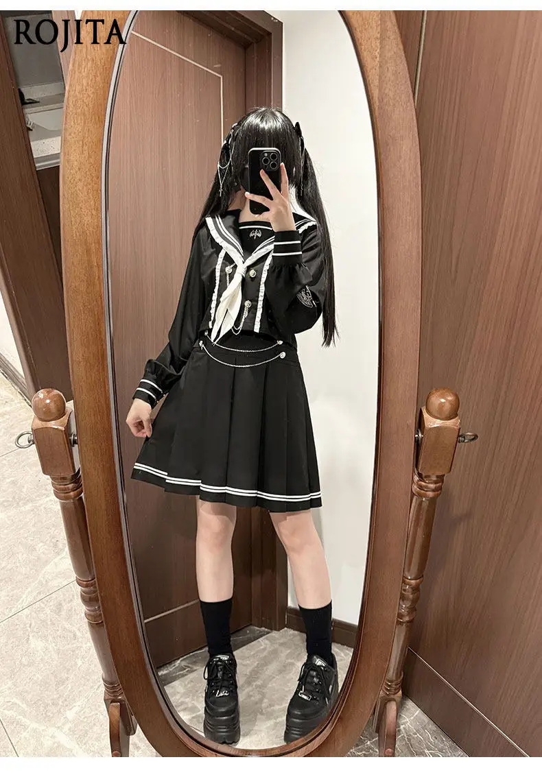 

Sailor Collar Sailor Uniform Skirt Set Subculture Long Sleeve and Short Sleeve Sweet 2-Piece Set Preppy Style Kawaii Outfit