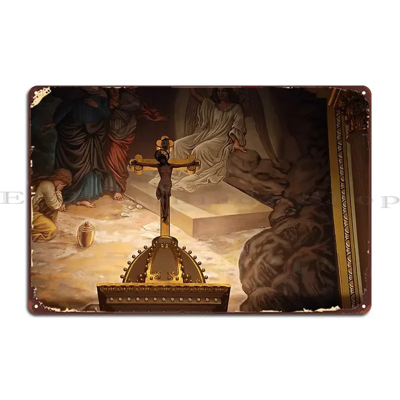 Letrero Metálico de la Iglesia Histórica de Santa María con Crucifijo Sobre el Tabernáculo, Decoración de Pared para Fiestas, Diseño de Cueva, Letrero de Hojalata, Póster