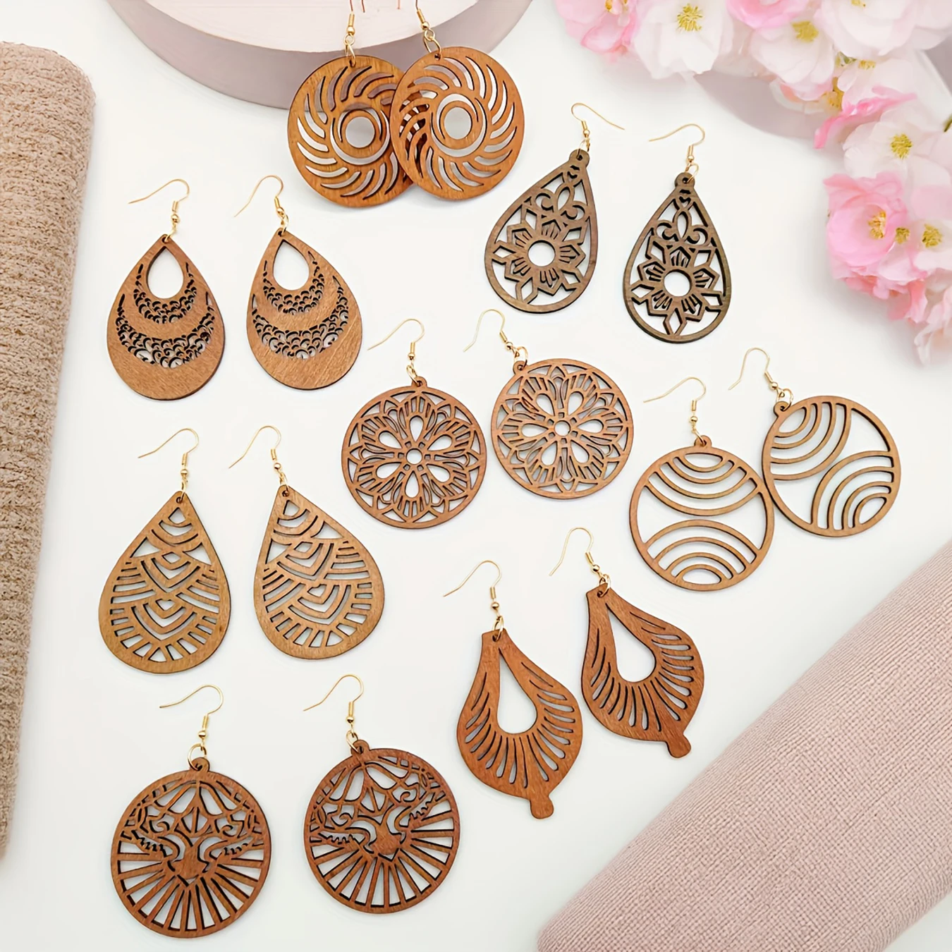 8 par/set de elegantes pendientes colgantes huecos de madera irregulares marrones