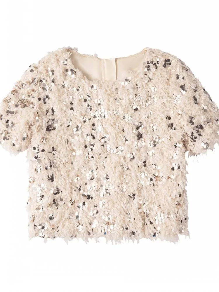High Street New Summer Women t-shirt manica corta vestibilitร ampia Casual o-collo Top corto lucido con paillettes nappa t-shirt moda donna