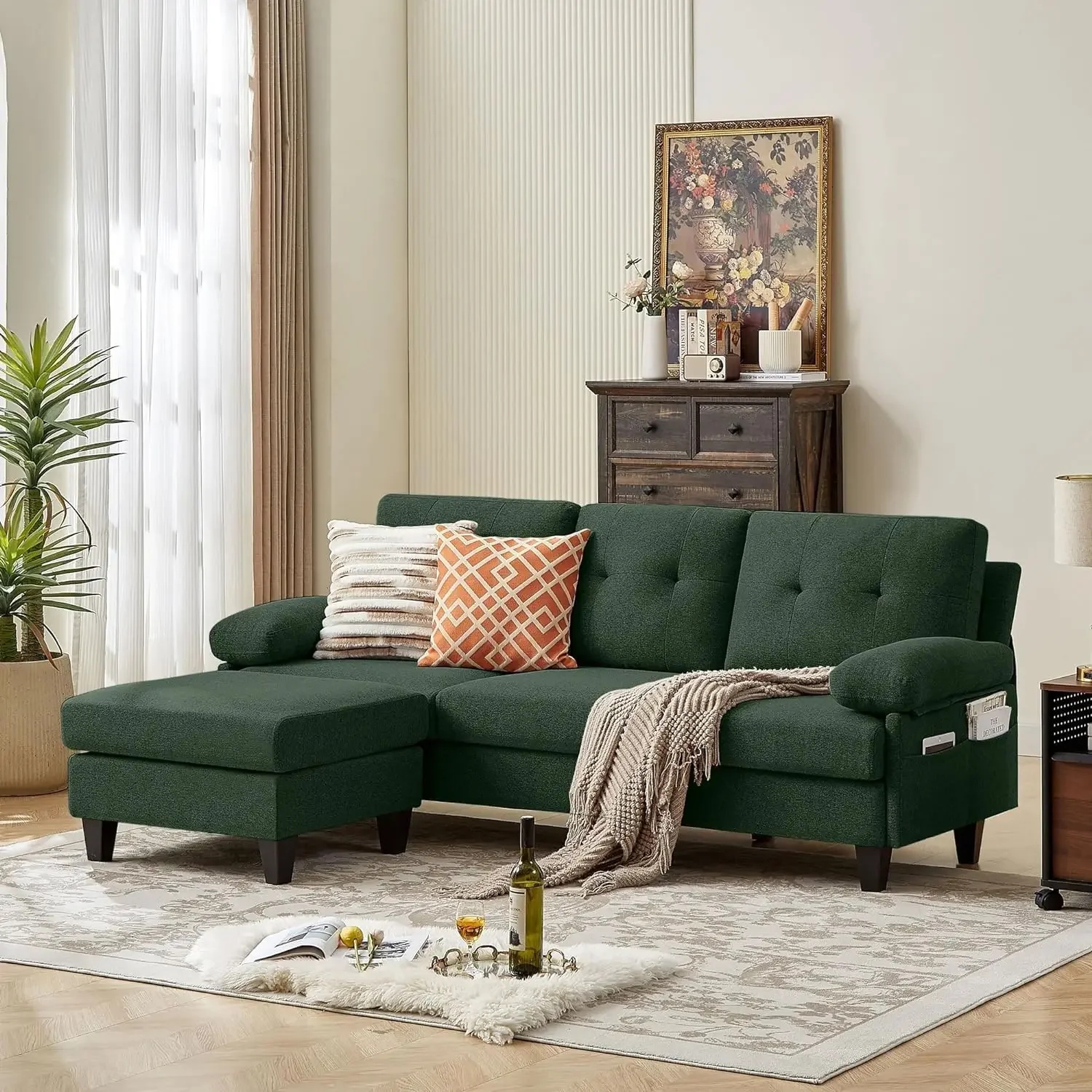 

Convertible Sectional Sofa, L Shaped Linen Couch w/ Ottoman, Deep Seat Cushions & Side Pockets for Living Room Apartment, Green