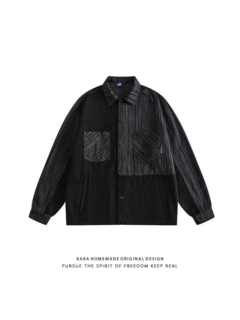 

American Retro Striped Patchwork Collar Jaet Loose Fit ex Autumn INS New Sle Couple Top Coat Long Sve Button Closure