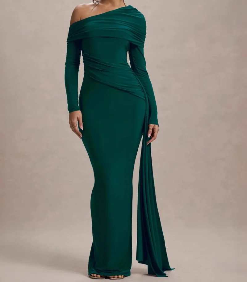 

Сексуальное платье макси с косым воротником и длинными рукавами по индивидуальному заказу, модное платье с открытой спиной и драпировкой, рюшами, облегающее клубное длинное платье, элегантное