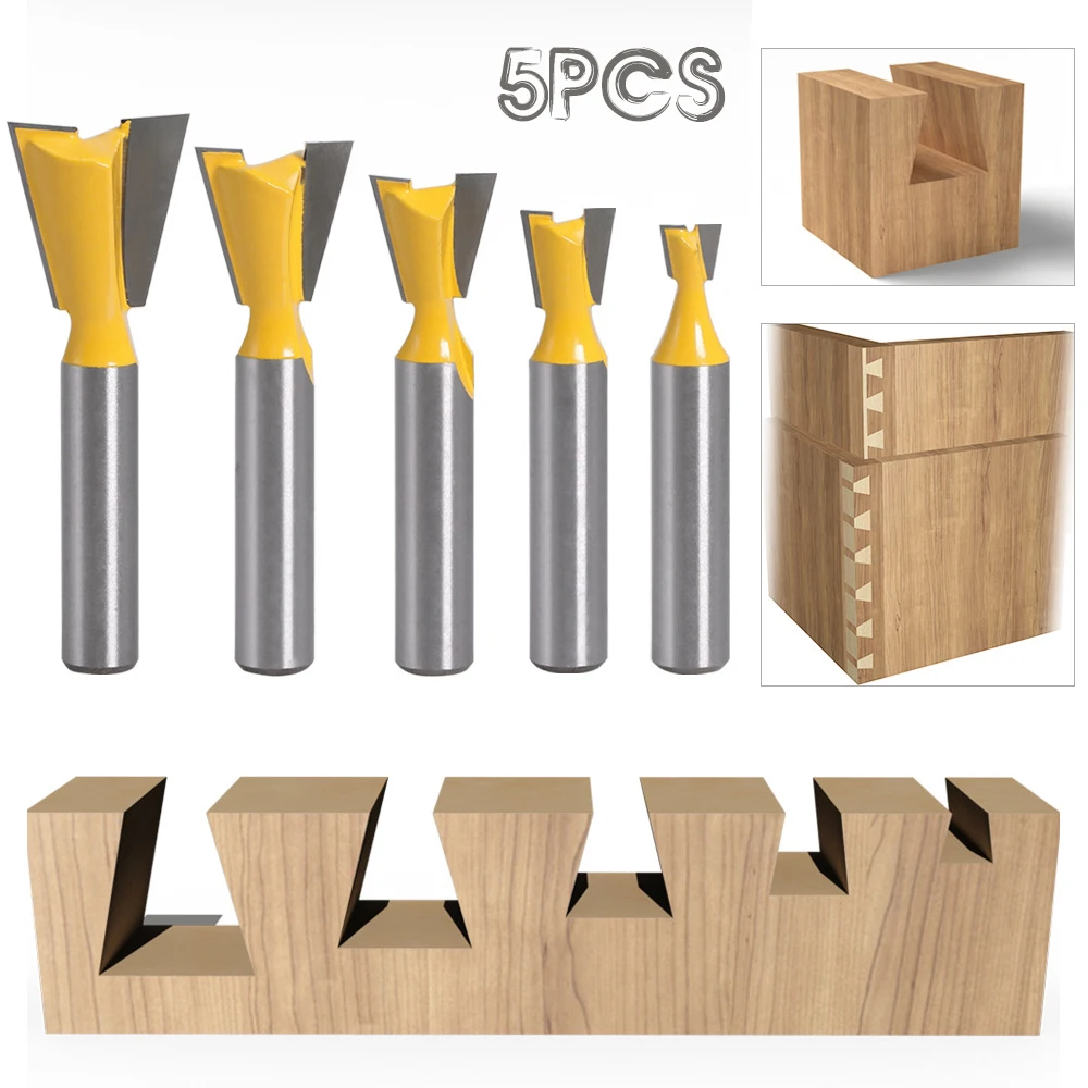 5pcs 8mm Shank Carbide Dovetail Joint Router Bit Set Slotting Woodworking Cutter