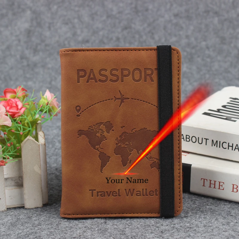 Fashion Passport Cover Laser Engarved Name Travel Wallet Custom Name Passport Holder Elastic Strap Case for Passports