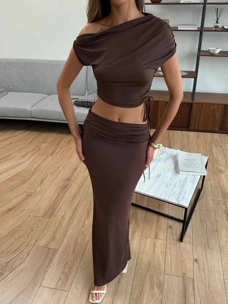 

BKQU Элегантная женская юбка со рюшами и шнуровкой с открытыми плечами, укороченный топ с высокой талией, облегающая длинная юбка с разрезом, комплект из 2 предметов, клубная одежда для вечеринок