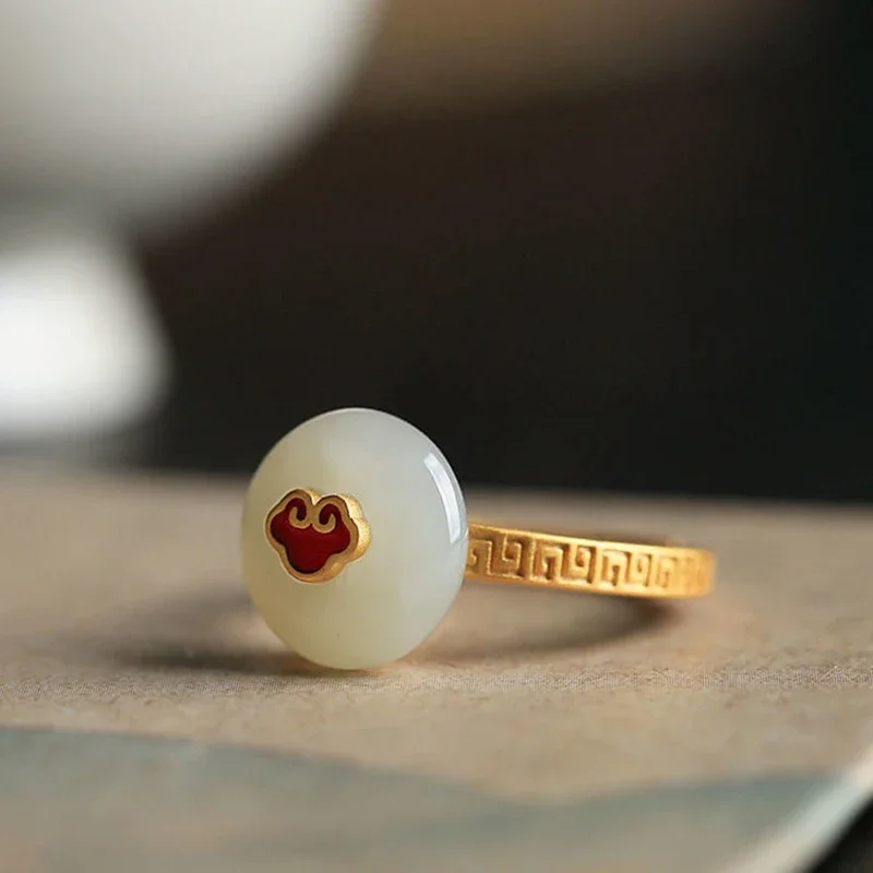 New in Antique Gold Craft Inlaid Natural Hetian Jade Enamel Porcelain Round Opening Adjustable Exquisite Elegant Ladies Ring